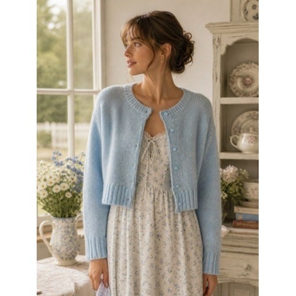 Sugar Moon Women Cropped Knit Cardigan Sweater Light Blue Button Front XS spring